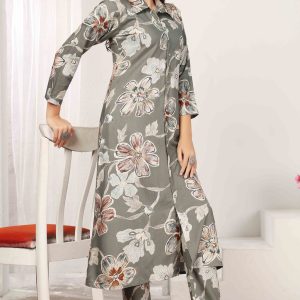 Grey Chanderi A-Line Co-Ord Set with Delicate Prints & Side Pockets