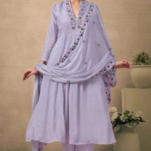 Grey Floral Embroidery With Handwork Viscose Anarkali Salwar Suit