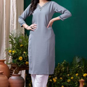 Grey Yoke Embroidered Pure Cotton Straight Kurti