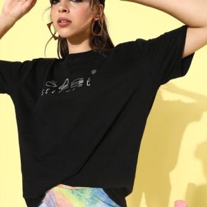 HERENOW Women Black Typography Printed Pure Cotton T-shirt