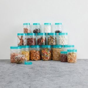 Home Centre Set Of 18 Transparent & Blue Textured Storage Jars With Lids