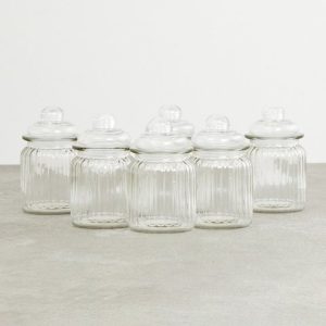 Home Centre Set Of 6 Transparent Air-Tight Textured Glass Storage Jars