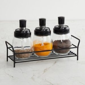 Home Centre Transparent Glass Spice Jar with Metal Stand
