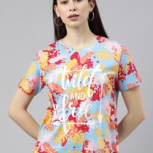 JUNEBERRY Women Multicoloured Tropical Printed Tropical T-shirt