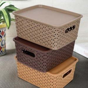 Kuber Industries Set Of 3 Brown & Beige Texured Small Size Multipurpose Solitaire Storage Basket With Lid