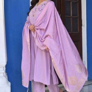 Lavender Floral Embroidered Muslin Anarkali Salwar Suit