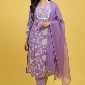 Lavender Pure Cotton Straight Salwar Suit with Floral Print