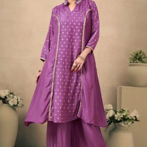 Lavender Silk Blend A-Line Top Bottom Set With Zari Weaving And Stone Work