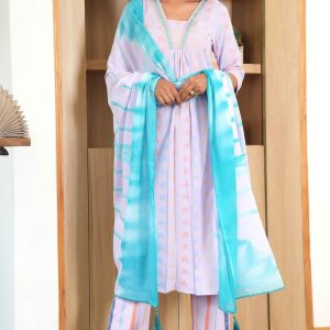 Lavender Textured Weave Pure Cotton Kurta Set – A-Line Style