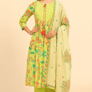 Light Green Pure Mulmul Cotton Salwar Suit with Delicate Floral Prints and Neckline Handwork