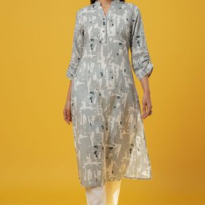 Light Grey Abstract Printed Cotton Linen Straight Kurti for Everyday & Office Wear