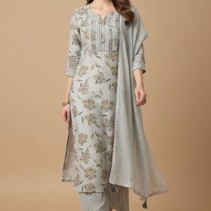 Light Grey Chic Dobby Textured Rayon Suit Set Adorned with Floral Motifs