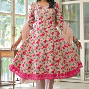 Light Pink Floral Printed Beads Work Pure Cotton Anarkali Salwar Suit