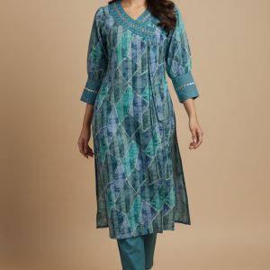 Light Teal Viscose Blend Slub Printed Top Bottom Set with Delicate Katha Work Accents