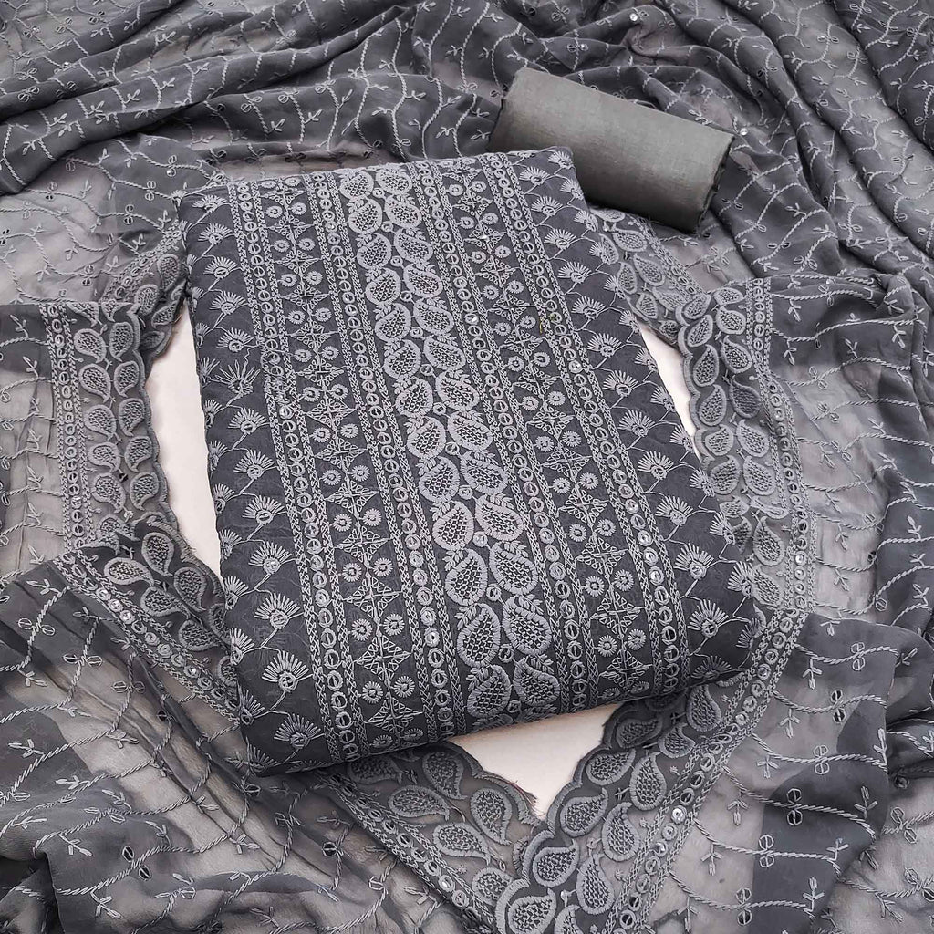 Lightweight Grey Georgette Dress Material Adorned with Beautiful Floral Embroidery