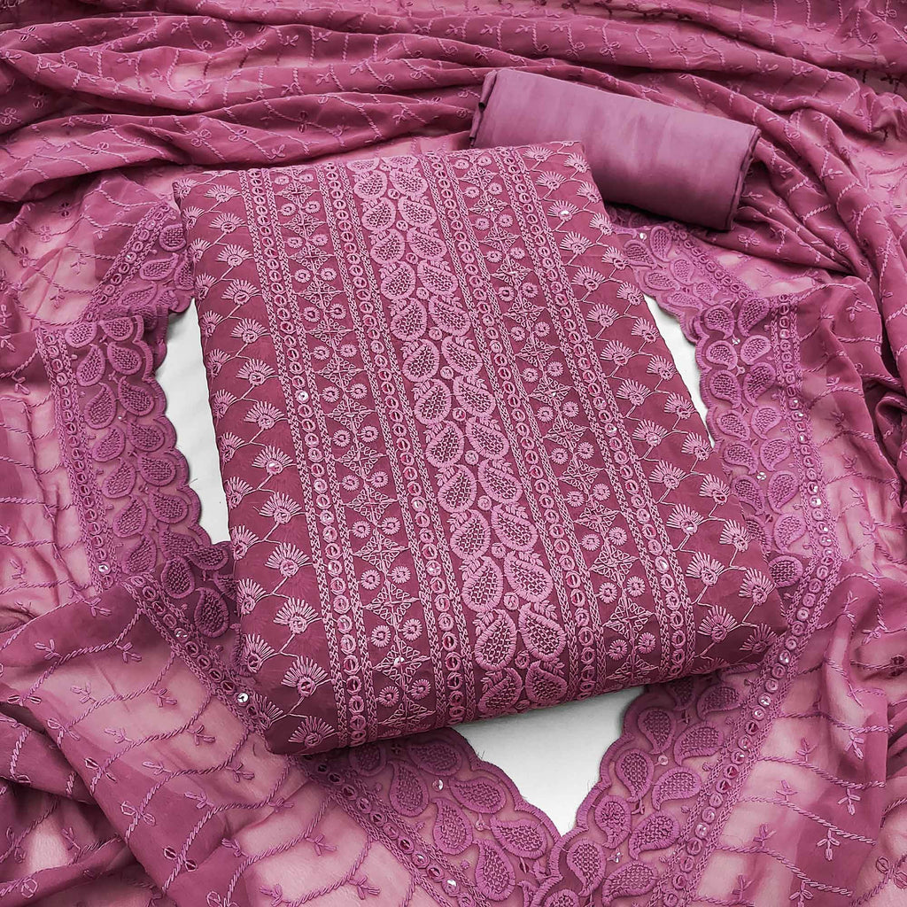 Lightweight Mauve Georgette Dress Material Adorned with Beautiful Floral Embroidery