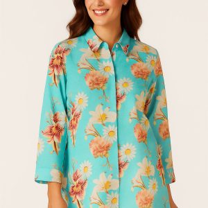 Lightweight Muslin Shirt Top in Turquoise Floral Design