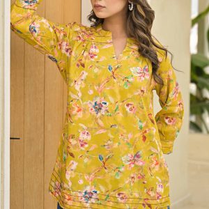 Lime Yellow Floral Printed Muslin Straight Top