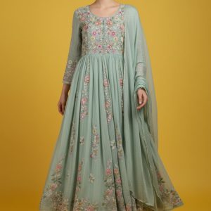 Luxurious Green Viscose Chinon Anarkali Kurti with Detailed Embroidery for Festive Wear
