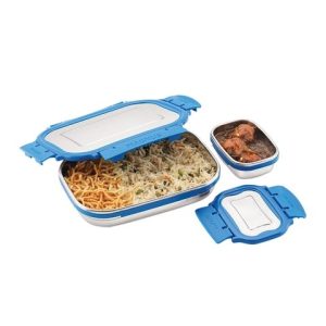 MAGNUS Silver-Toned & Blue Solid Stainless Steel Dishwasher Safe Lunch Box