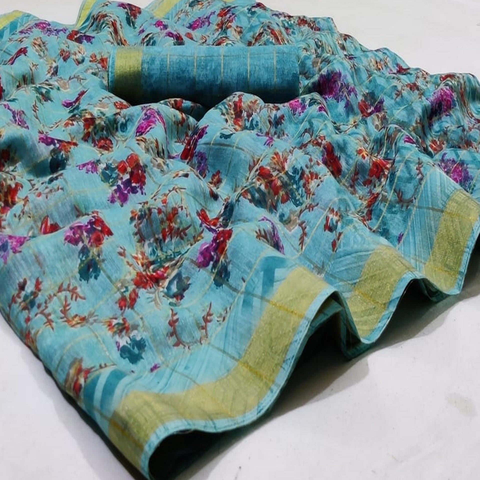 Majesty Sky Blue Colored Casual Wear Fancy Printed Cotton Saree
