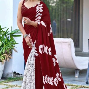 Maroon Cotton Saree with Authentic Bagru Block Print