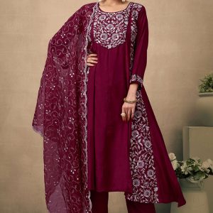 Maroon Silk Blend Anarkali Suit With Floral Sequins Embroidery