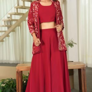 Maroon Solid Co-Ord Ensemble in Chanderi Silk with Heavily Embroidered Coat