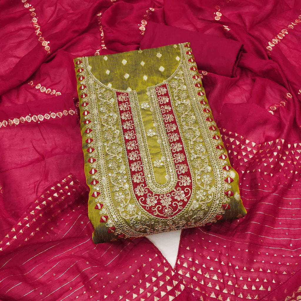 Mehendi Green Butti Jacquard Shimmer Dress Material Enhanced With Sequins Cording Embroidery