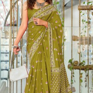 Mehendi Green Soft Cotton Saree with Elegant Floral Print