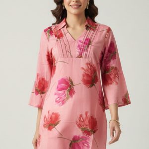 Minimalist Pink A-Line Top in Pure Cotton Featuring Elegant Floral Prints