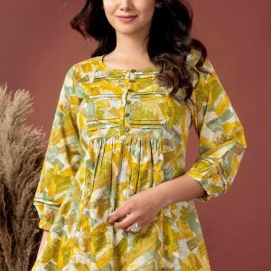 Mustard Abstract Printed Pure Cotton A-Line Top