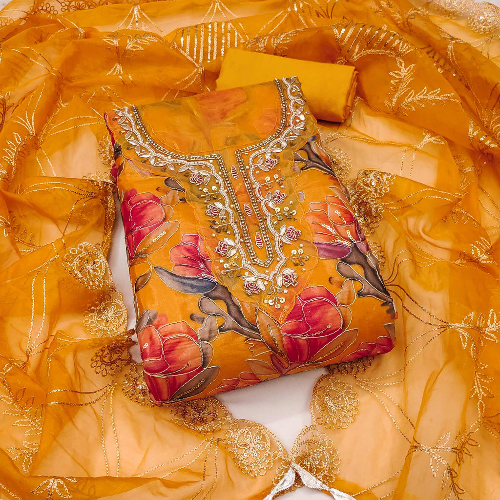 Mustard Bloom Charm With Floral Print & Delicate Sequins & Moti Handwork Dress Material