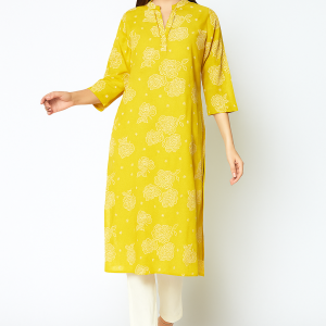 Mustard Casualwear Straight Kurti with Floral Prints in Pure Cotton