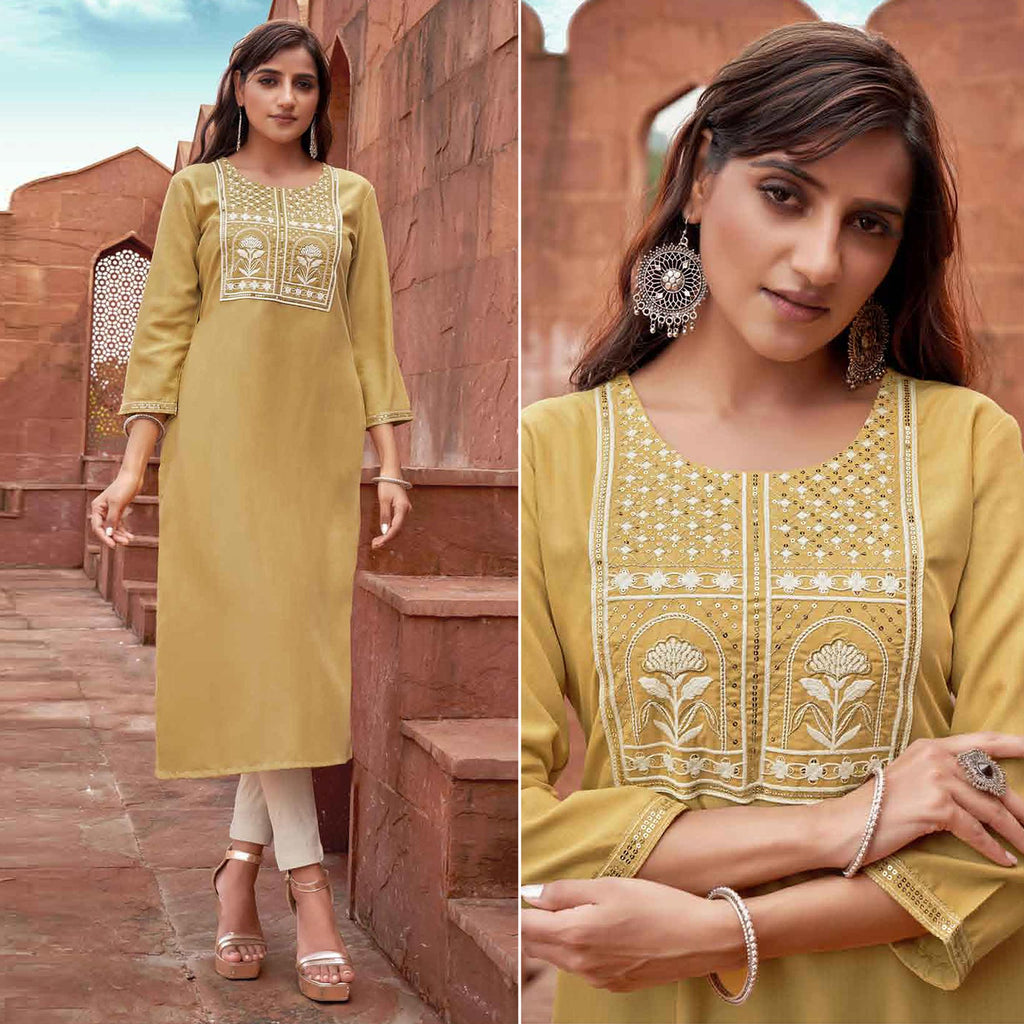 Mustard Floral Embroidered Rayon Kurti