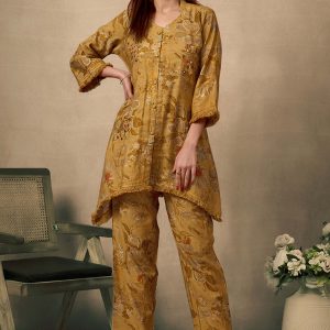 Mustard Pure Cotton Floral Co-Ord Set with Handcrafted Mirror Work