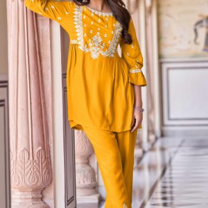 Mustard Rayon Top-Bottom Co-Ord with Delicate Embroidery