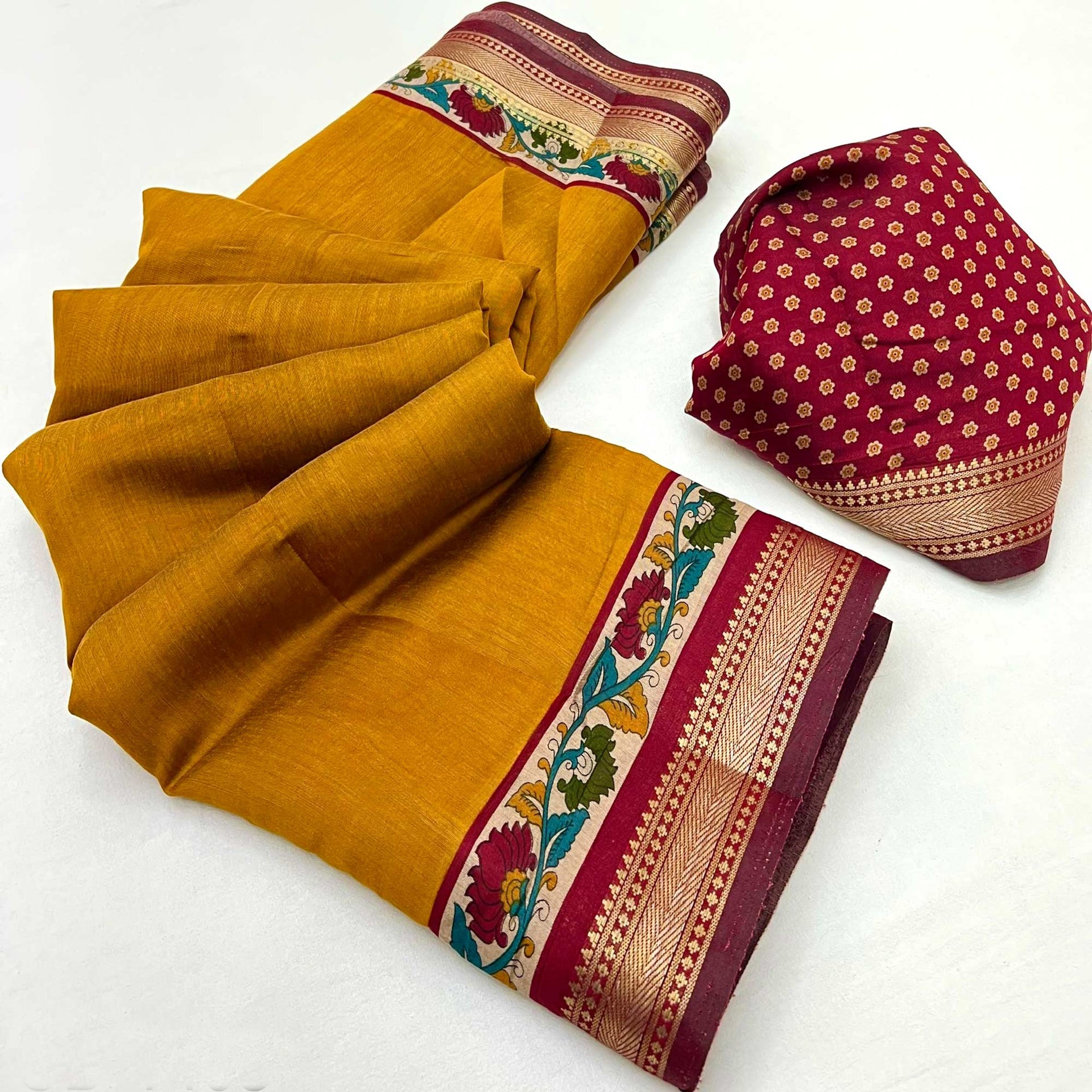 Mustard Soft Mul Cotton Saree with Kalamkari Pallu & Zari border