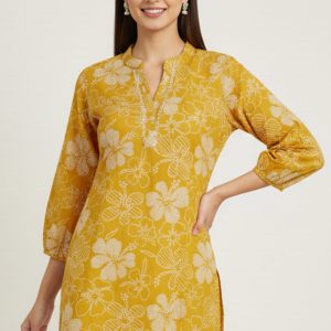 Mustard Viscose Blend Slub Fabric Top with Beautiful Floral Prints