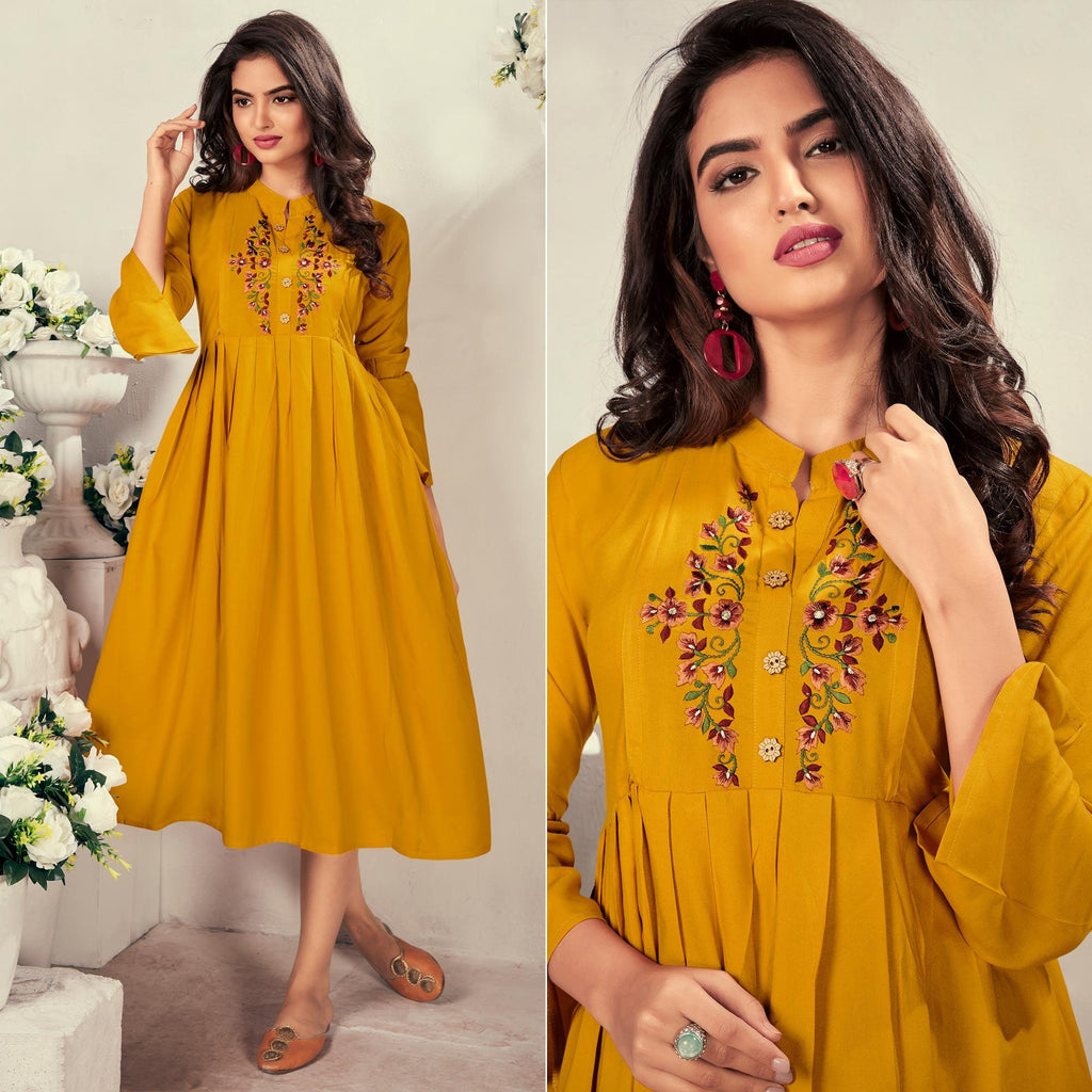 Mustard Yellow Casual Wear Embroidered Rayon Maternity Kurti