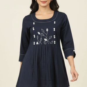 Navy Blue Cotton Tunic Top Featuring Embroidery Accents
