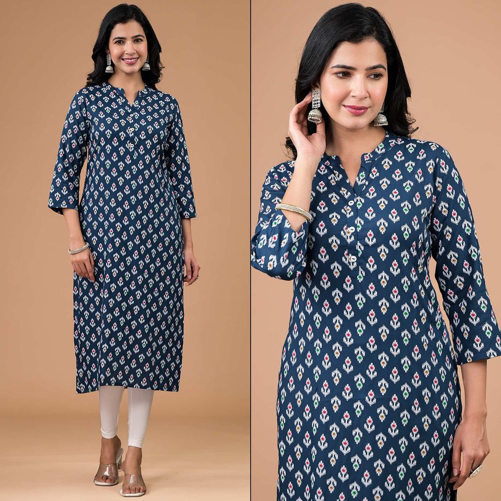 Navy Blue Rayon Printed Straight Kurti