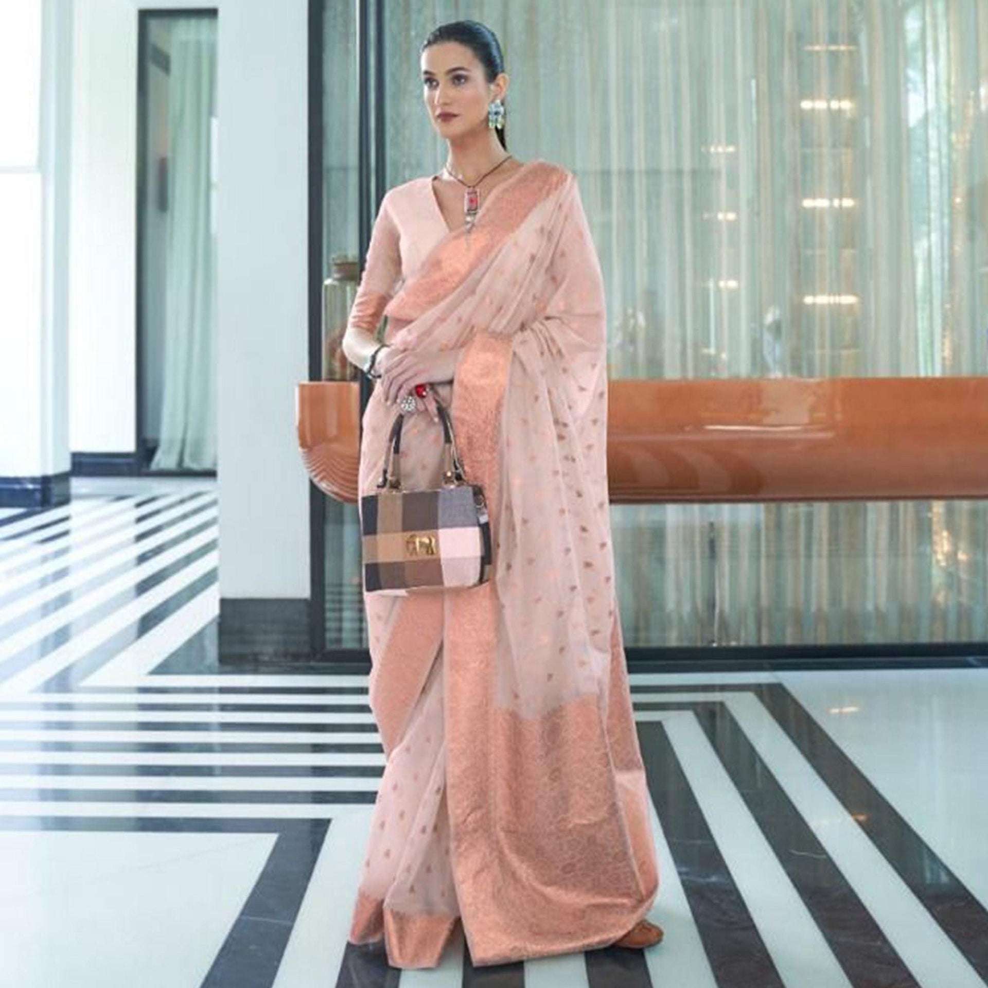 Off White Festive Wear Woven Cotton Saree