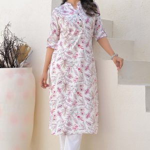 Off White Pure Cotton Straight Kurti with Delicate Floral Prints