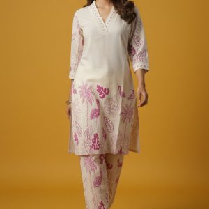 Off White Straight Co-ord in Cotton Flex with Floral Design