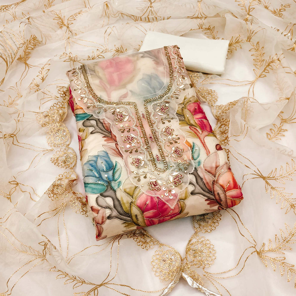Offwhite Bloom Charm With Floral Print & Delicate Sequins & Moti Handwork Dress Material