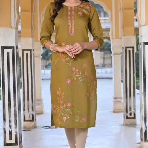 Olive Floral Embroidered Rayon Straight Kurti