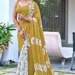 Olive Green Bagru Block Printed Pure Cotton Saree