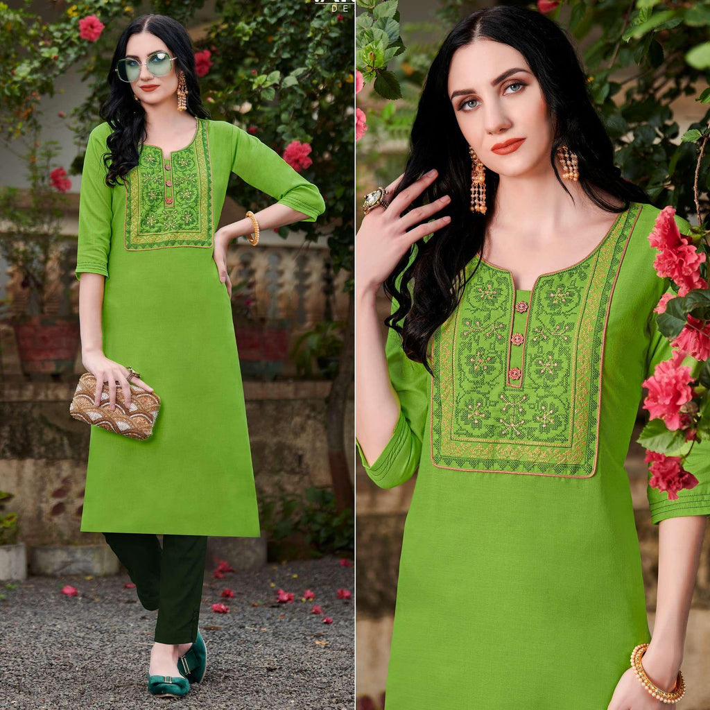 Parrot Green Casual Wear Embroidered Cotton Kurti