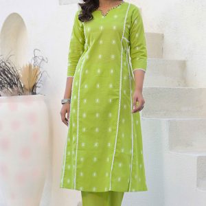 Parrot Green Floral Printed Cotton Top Bottom Set with Neck Detailing